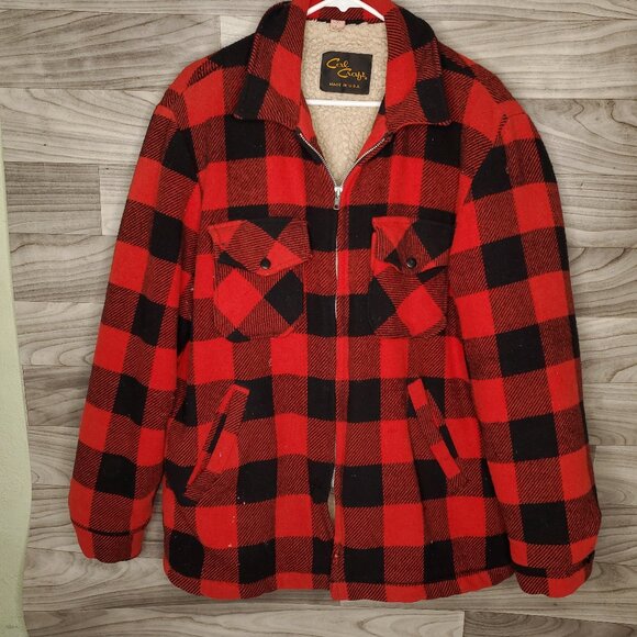 Vintage 70's Cal Craft Jacket Adult Large Red Buffalo Plaid Wool Sherpa Lined - Picture 1 of 13